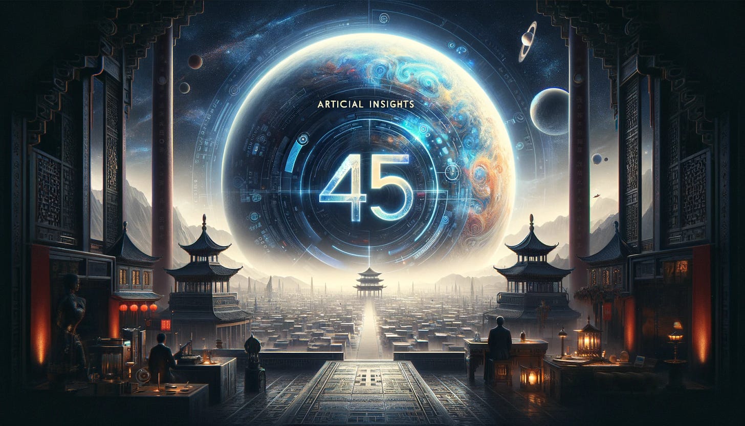 Create a wide, horizontal image that incorporates the visual concept inspired by the Netflix series Three Body Problem. The image should blend the stark historical context of 1960s China with the advanced scientific and alien themes of the series. Include the text “Artificial Insights” prominently in the design, along with the number 45, symbolizing a fusion of human and alien intelligence. This image should convey a sense of cosmic intrigue and the bridging of two vastly different civilizations through technology and knowledge. The background should subtly include elements of both Earth's and the alien world's environments, suggesting a seamless integration of the two realms. The overall aesthetic should be futuristic and thought-provoking, emphasizing the theme of exploration and the quest for understanding beyond human limitations.