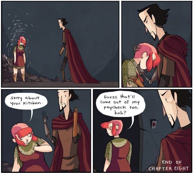 Four frames from the original comic. The first frame shows Nimona transforming back to her girl form as she stands by a pile of rubble. Ballister makes his way across the room to her and pulls her into a small hug, letting her forehead fall agaisnt his chest. Nimona then shakes his arms off and turns to walk away, saying "Sorry about your kitchen. Guess that'll come out of my paycheck too, huh?"