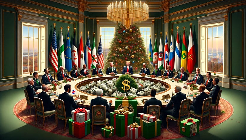 Many rich politicians sitting in a circle at the UN surrounded by cash