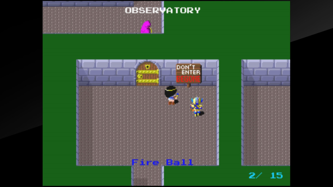 A screenshot from The Return of Ishtar, from the observatory room. Ki and Gil are both facing a sign that says "Don't Enter, Begone," with the "Begone" in red text. It's next to a locked door.