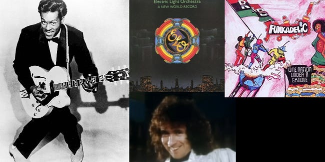 Composite image of Chuck Berry, ELO's "A New World Record" album cover, Bon Scott in "Let There Be Rock," and Funkadelic's "One Nation Under a Groove" album cover