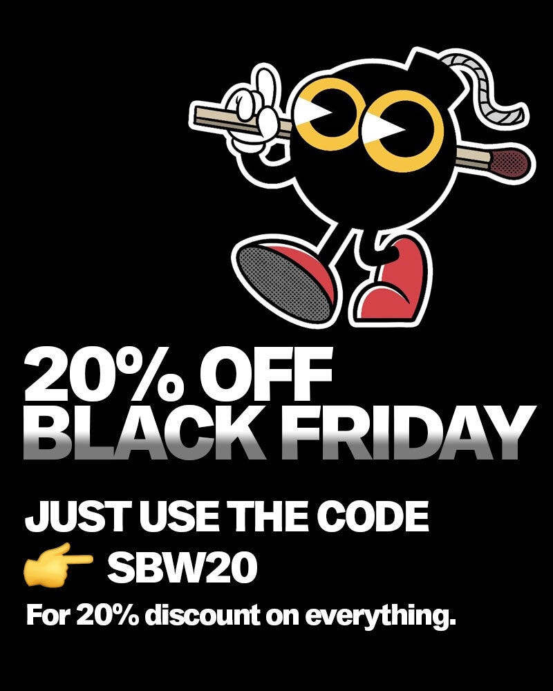 Black Friday promotion banner featuring a cartoon-style matchstick character with glasses and red shoes, offering 20% off everything. Text highlights the discount code 'SBW20' for the promotion, with bold lettering and a sleek black background.