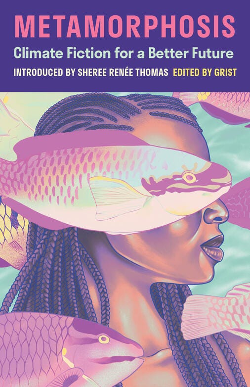 Metamorphosis cover of a woman's head covered with a fish: Climate Fiction for Future Ancestors