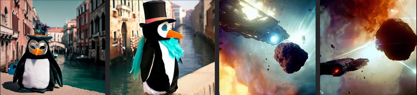 DALLE 2 improved output image of penguins in hats and space ships getting it