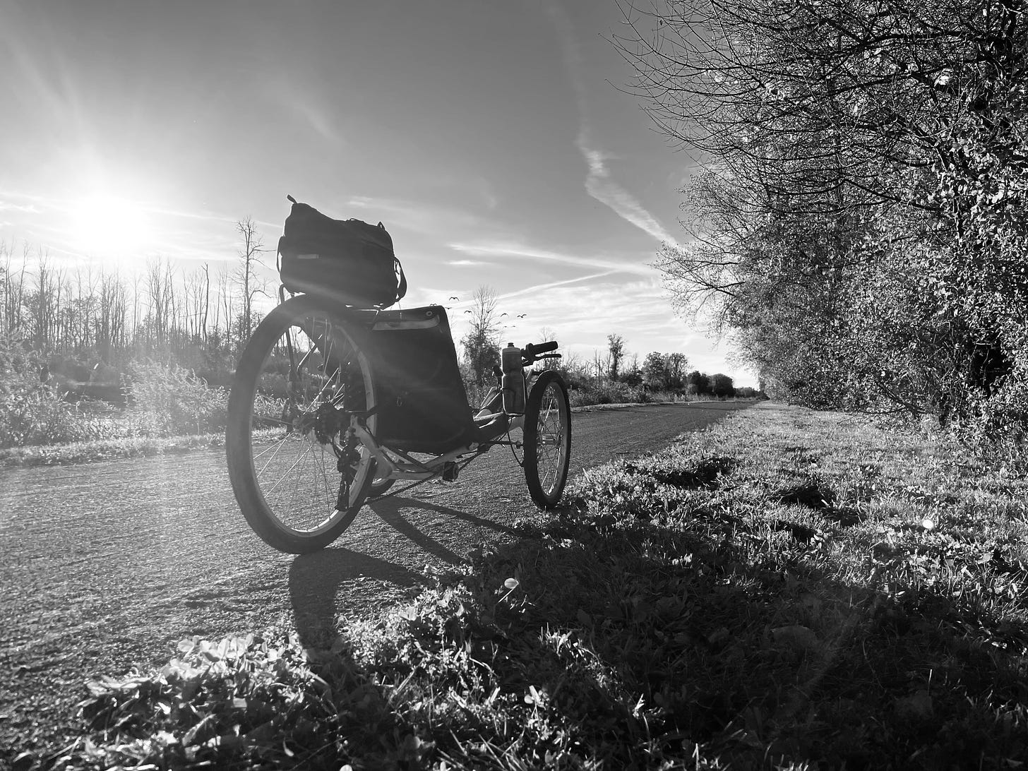 A recumbent bike is parked along a trail next to the Erie Canal.  Trees line the other side of the trail; in the background, a few trees, a few wisps of clouds, and a brilliant setting sun in the sky.