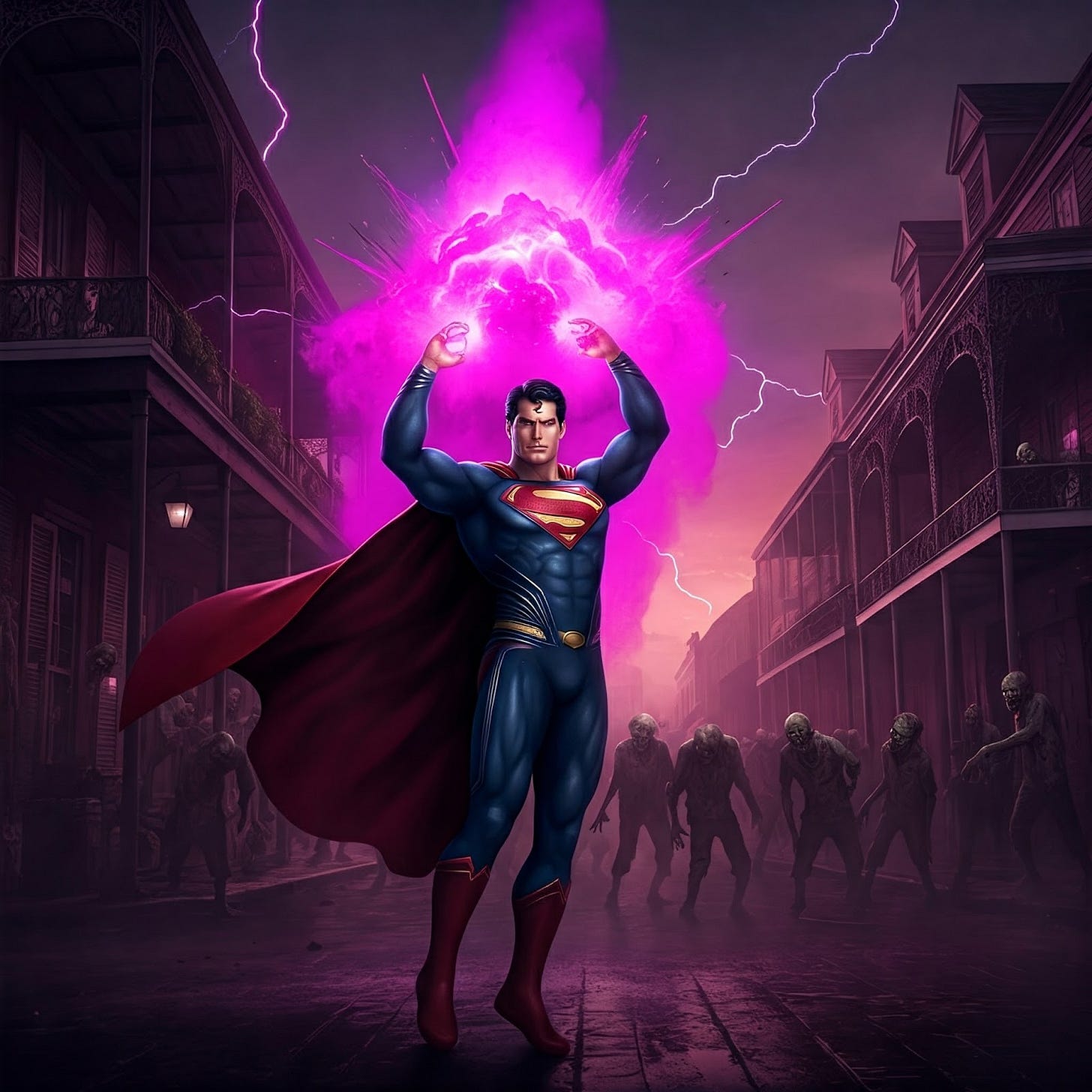 Image of Superman hurling the secret potion to stop the violence unleashed upon New Orleans 