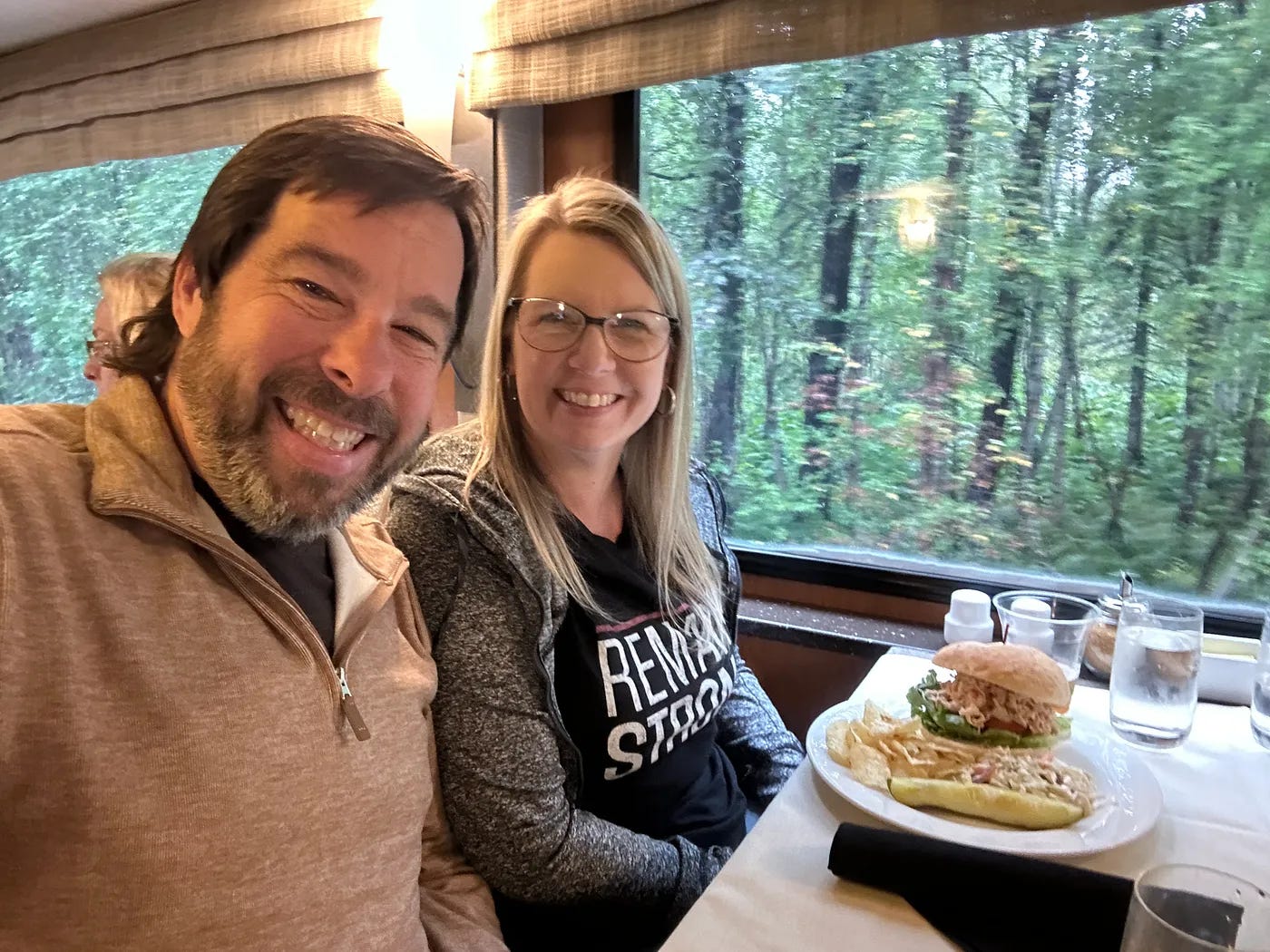 Enjoying lunch downstairs in the dining car