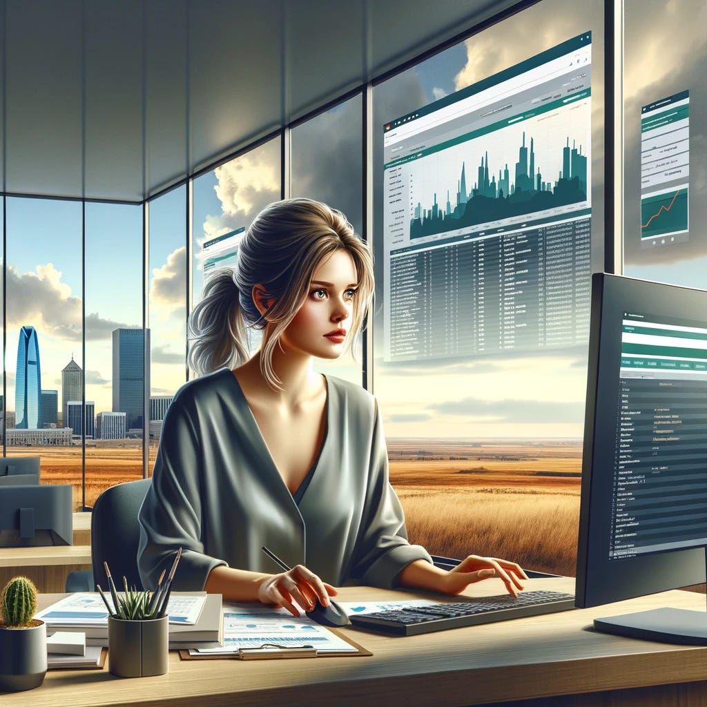Depict an image of a female accountant, showing a hint of confusion as she navigates through online queries, with Oklahoma's unique landscape in the background. She's at her desk, focused on her computer screen filled with open tabs of forums and financial software, trying to find answers. Her expression blends curiosity with mild perplexity, emblematic of a professional delving into complex financial matters. Behind her, through a vast office window, stretches the iconic scenery of Oklahoma, possibly featuring elements like rolling plains or the Oklahoma City skyline, imbuing the scene with a sense of place. The office's interior is sleek and contemporary, illuminated by natural light that accentuates her determination to overcome the challenge at hand.