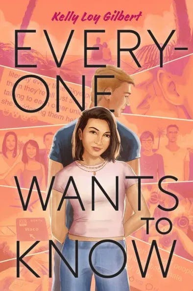 The cover of Everyone Wants to Know shows a teenaged girl with Asian features standing back to back with a white boy. Her family is scattered across the orange background.