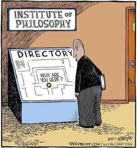 Speedbum.com cartoon of a person standing in front of a way finding directory in the institute of philosophy with an X at its centre and the words "why are you here?"