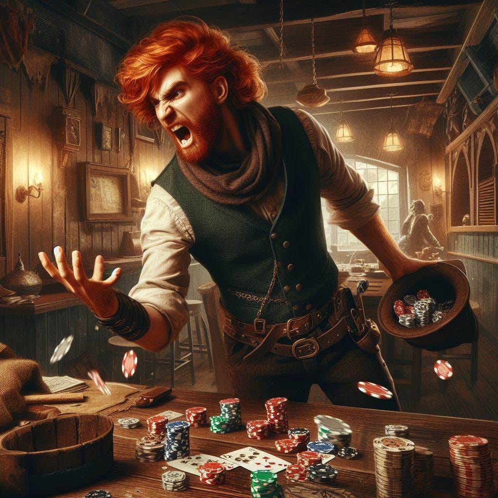 red-haired irish medieval young man angrily throws everything off poker table inside tavern, dungeons and dragons fantasy art