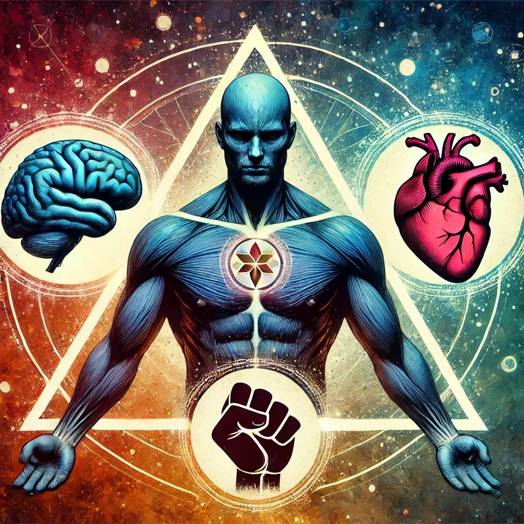 A powerful, central masculine figure stands strong and present. Surrounding the figure in a triangular formation are three symbols representing body, emotion, and mind: a brain for the mind, a heart symbolizing emotions, and a clenched fist for inner strength and the body. Use vibrant colors: blue for the brain, red for the heart, and earthy tones for the fist. Make sure there is absolutely no text, labels, or words anywhere in the image. Focus entirely on the symbols and the balance around the central figure.