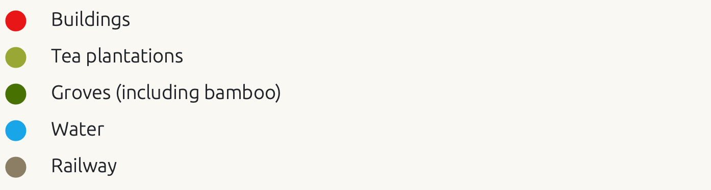 Explanations of colors on map: Red: Buildings; Light Green: Tea plantations: Dark Green: Groves; Blue: Water; Grey: Railway.