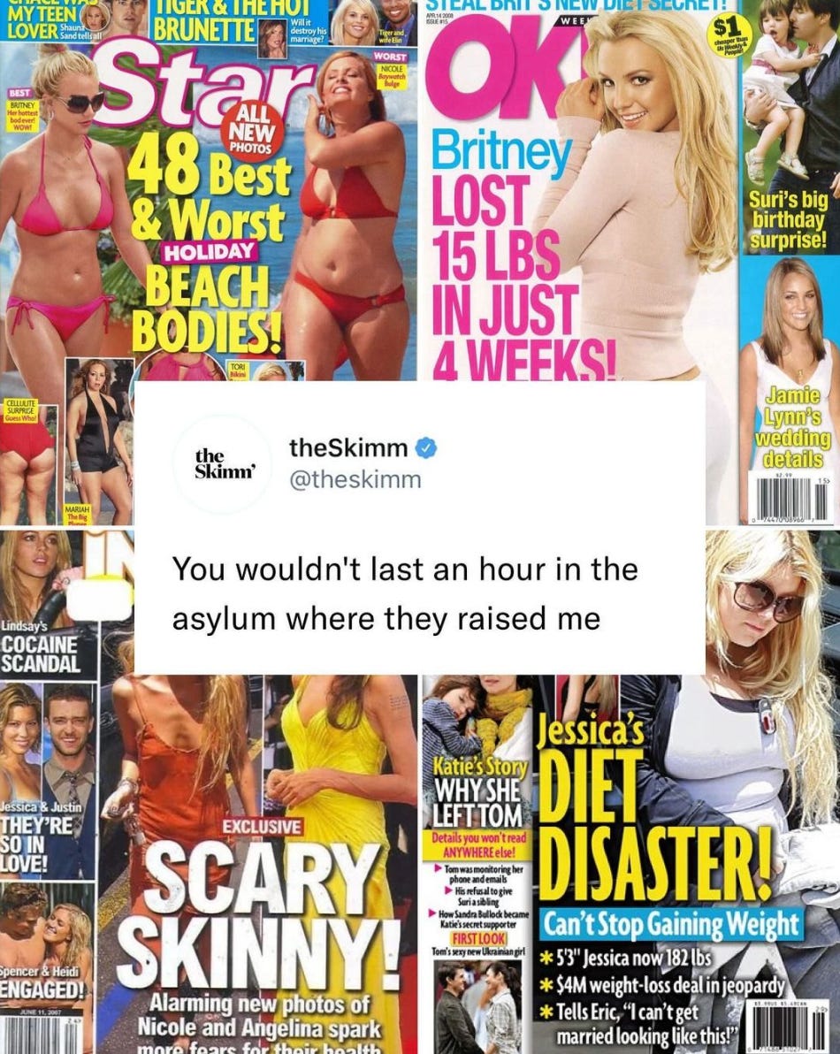 Screenshot of an Instagram post from The Skimm. It features several covers of magazines featuring weight loss, and a tweet from @TheSkimm that says "You wouldn't last an hour in the asylum where they raised me"