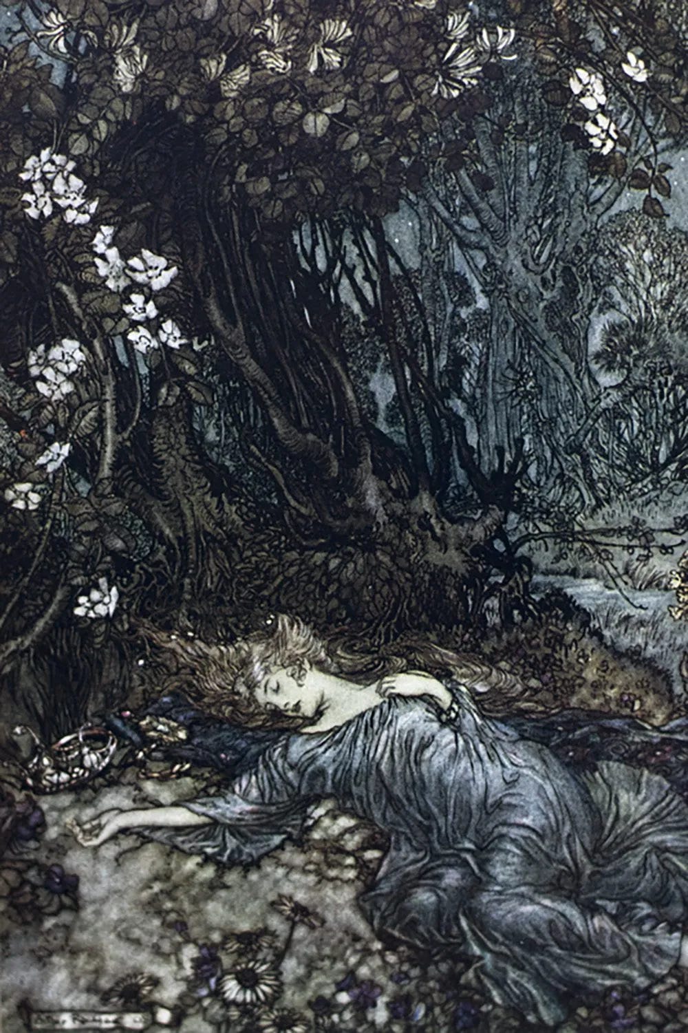 Queen Titania sleeping on a bank as described the the quote: “I know a bank where the wild thyme blows, where oxlips and the nodding violet grows, quite over-canopied with luscious woodbine, with sweet musk-roses and with eglantine.”