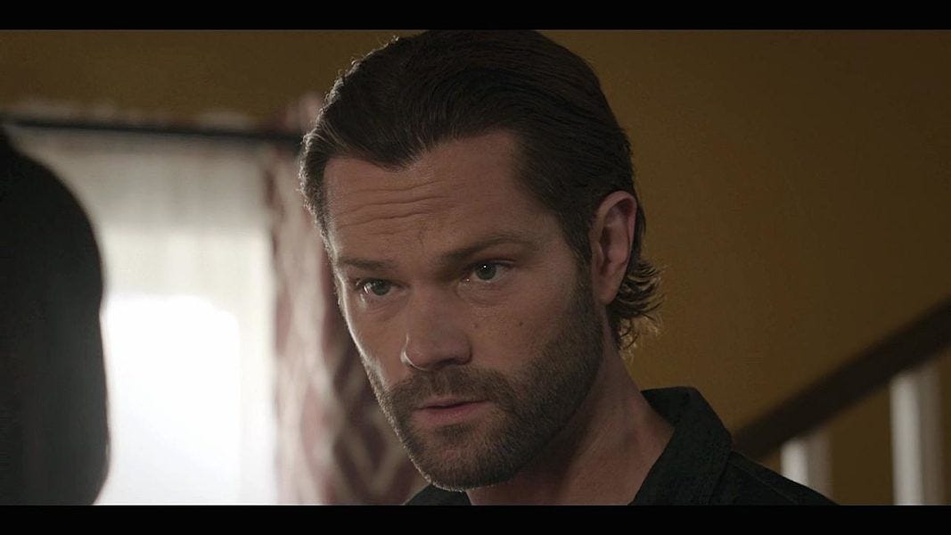 Walker Jared Padalecki giving intense look on set to Julia.