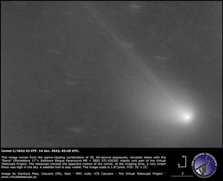 An image of C/2022 E3 (ZTF) created using exposures captured on January 14, 2023. This image shows the comet shortly after its perihelion. Gianluca Masi/The Virtual Telescope Project