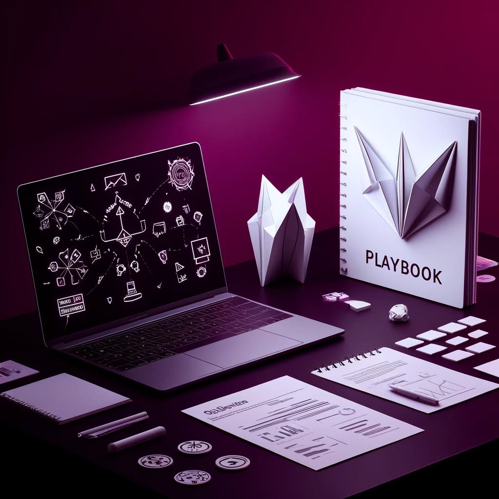 ChatGPTs image of a laptop with strange symbols on a desk with origami sculptures and a spiral bound playbook with origami shapes on the cover, in front of a deep wine coloured wall.
