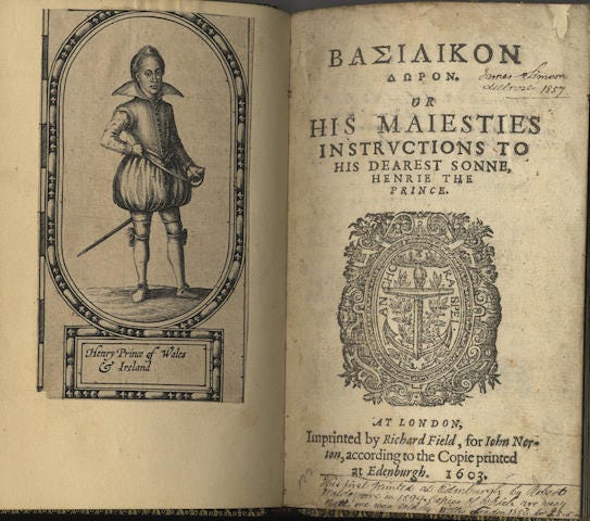 Bonhams : JAMES I, King of England Basilikon Doron [in Greek]. Or His  Maiesties Instructions to His Dearest Sonne, Henry the Prince