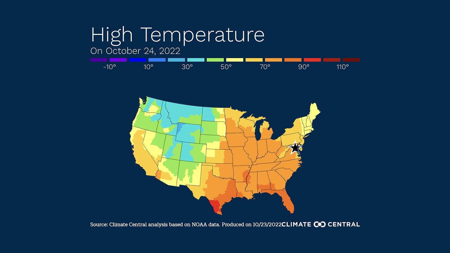 US High Temperature Map for October 24th, 2022 from ClimateCentral