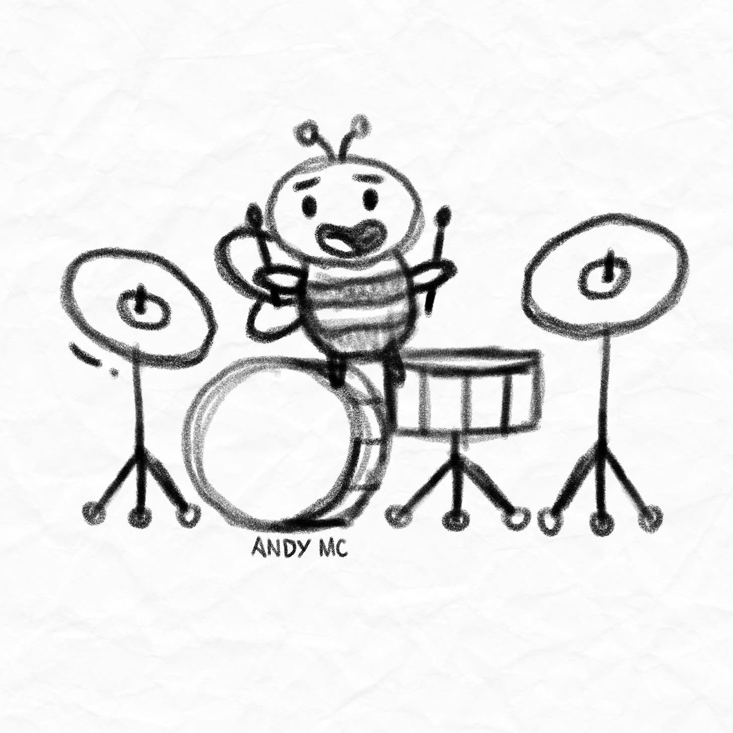a pencil sketch of a cartoon bee playing the drums