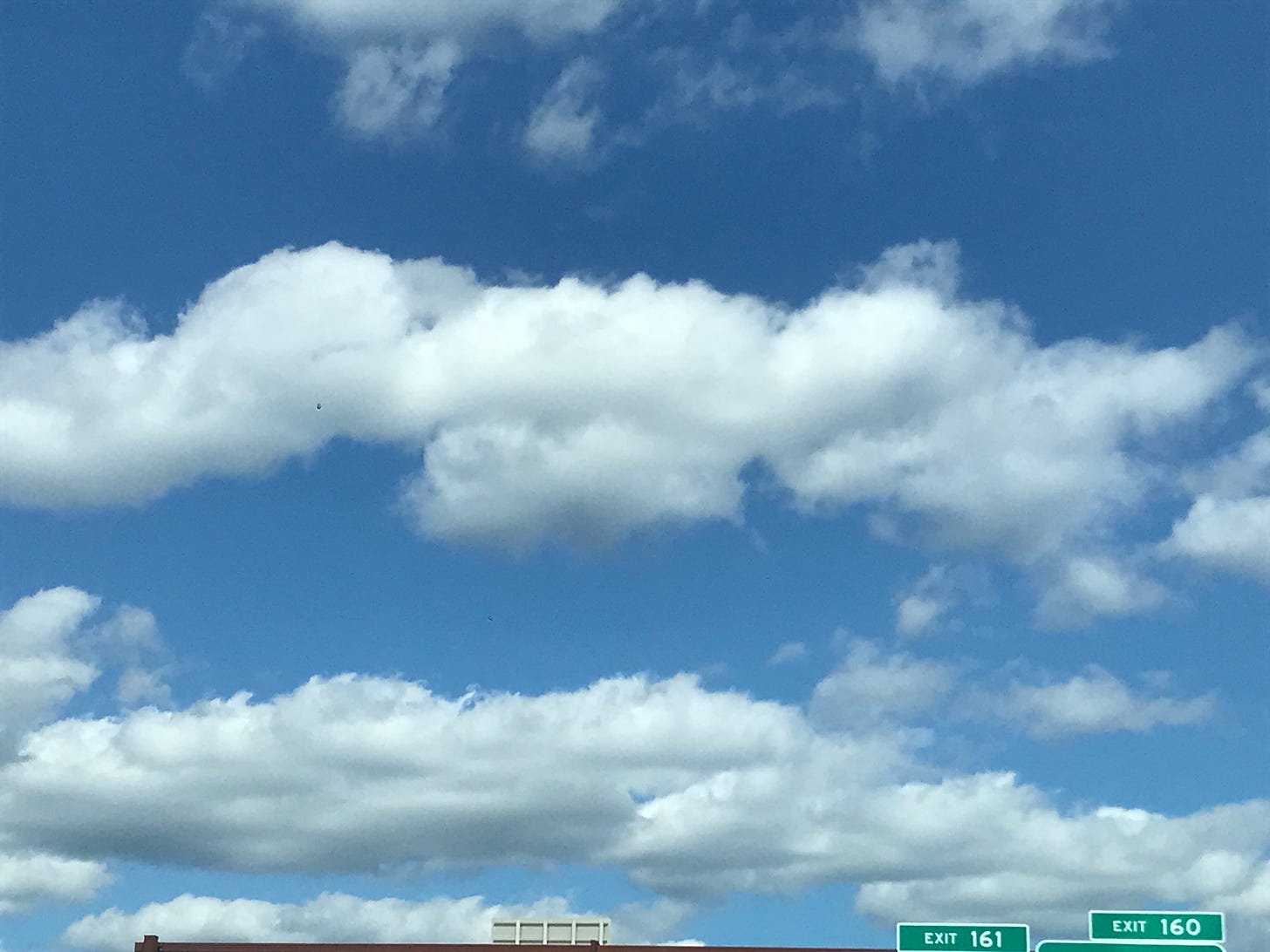 Photo of bright blue sky with long puffy clouds and the very tip tops of green highway signs at the bottom