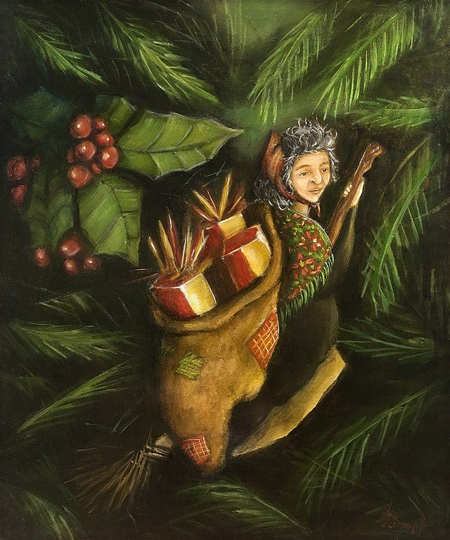 Painting of la befana - there is holly and pine tree branches behind her