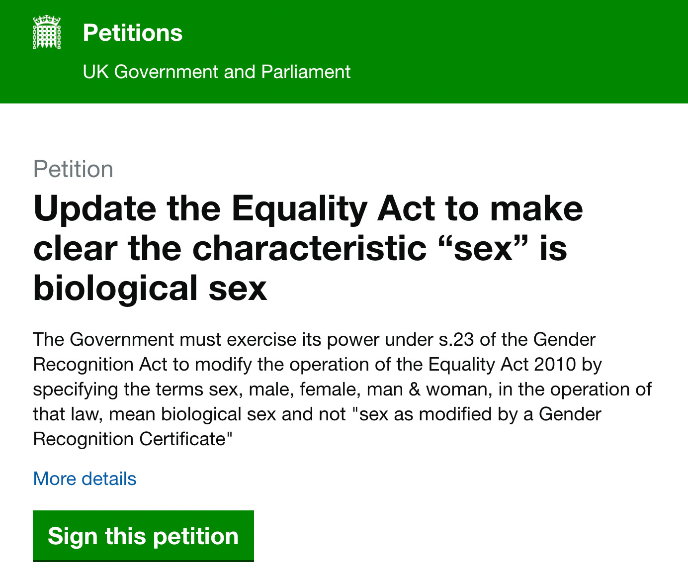 A screenshot of the UK Government and Parliament Petitions website showing the Update the Equality Act petition