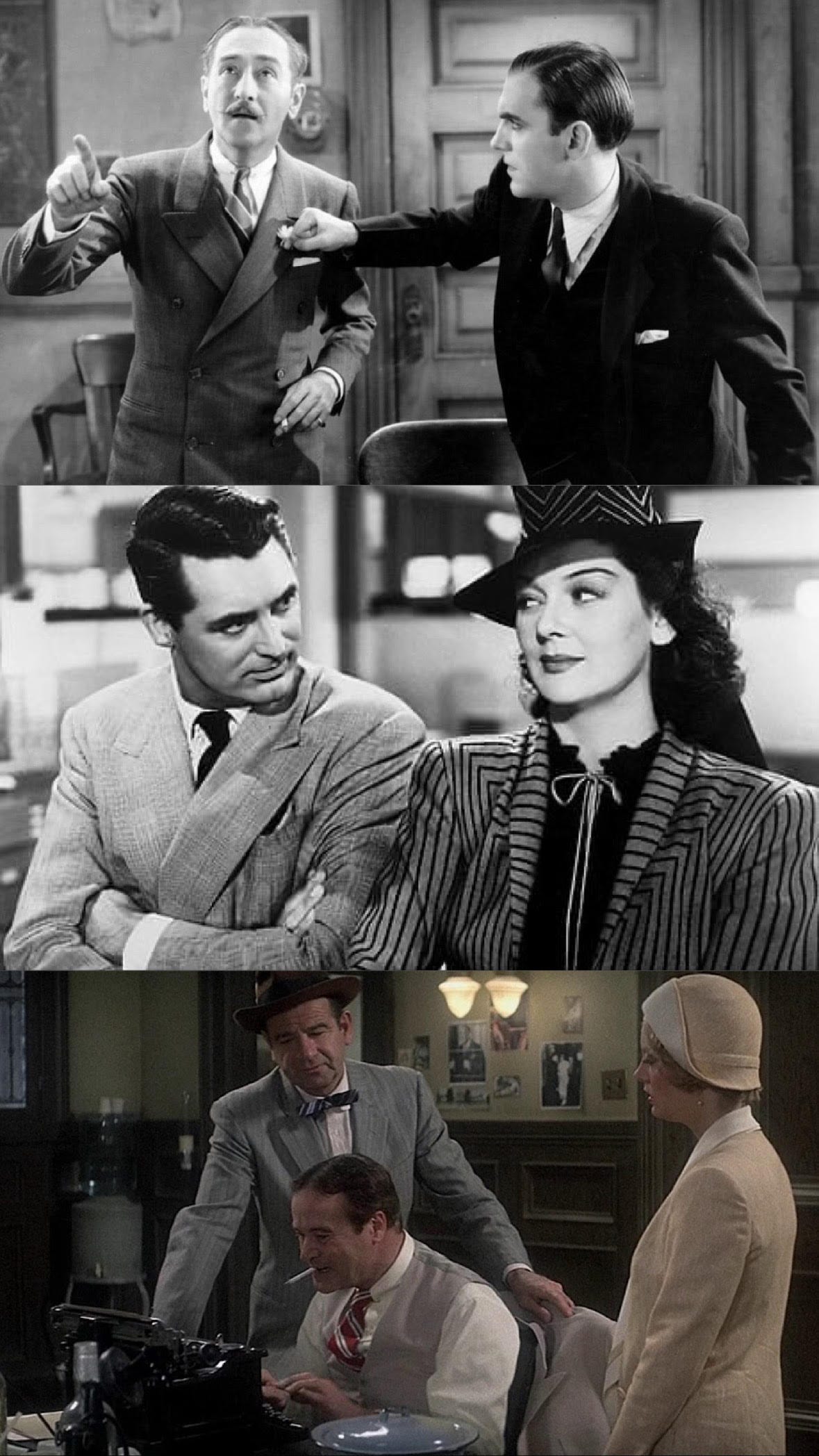 Stills from The Front Page (1931), His Girl Friday (1940), and The Front Page (1974)