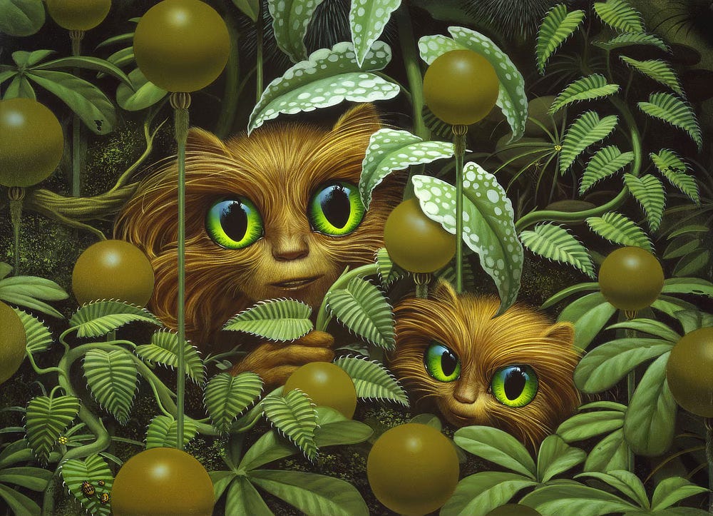 A pair of adorable furry creatures poke their heads out from the cover of dense tropical vegetation. Their huge eyes are strikingly green, cat-like and glossy so that the treetops reflect in the light. Their noses lie long, wide, and flat. Their mouths aren't pronounced like an ape, but thin lips and the slit of their mouths does seem ape-like. Long tufts of light brown hair sweep outward around the eyes like a flaring mane, giving their faces a disproportionately wide countenance. Hair over the pate is smoothed back of their heads. Cat-like ears—soft rounded triangles—are set above and just outside their big eyes. One thick-fingered paw, lacking claws or nails of any sort, extends as if pushing the alien foliage aside.