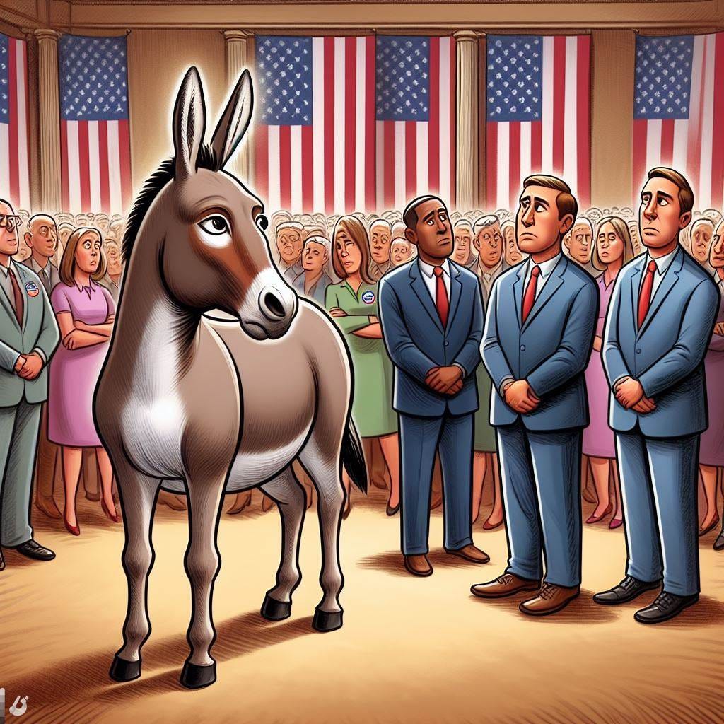 The Democratic party donkey looking the left, ignoring and looking away from the men, while men stand in the background on the right