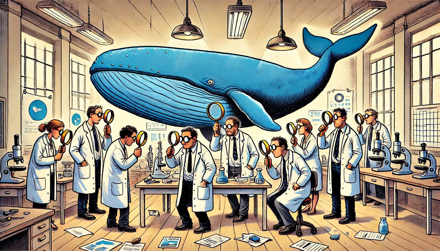 A variation of a cartoon scene with five scientists, each holding magnifying glasses and deliberately looking away from a large blue whale in the center of the room. The whale is comically oversized and takes up much of the laboratory space, which is filled with scientific equipment, charts, and scattered papers. The scientists appear even more exaggerated, with their body language showing avoidance of the whale, focused intently on minor details in the room. The style remains lighthearted, humorous, and playful, emphasizing the 'elephant in the room' metaphor with a whale.