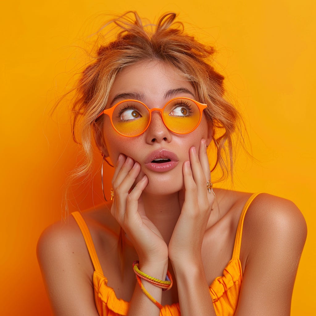 woman wondering, frowning, looking left, with one hand covering her mouth, wearing eye glasses and accessories with contrasting vivid colors