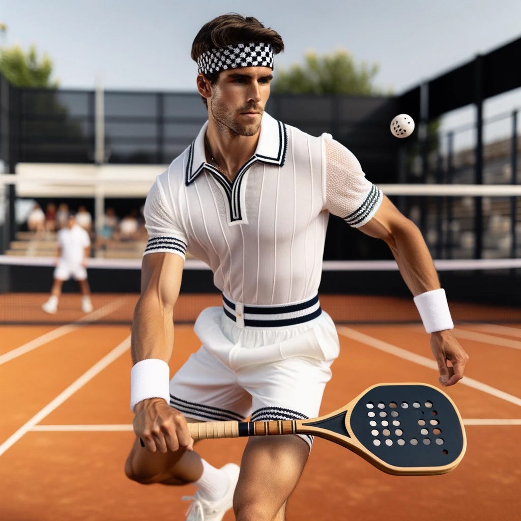 Photo of a male tennis player in classic all-white Wimbledon attire, complemented with a black and white checkered headband, playing Padel (Pickleball). The player is on a Padel court, energetically returning a shot with a Padel racket.