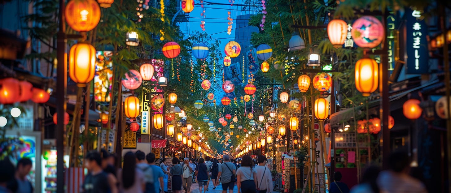 A bustling street decorated with colorful lanterns and lights, filled with people enjoying an evening festival in an urban area.