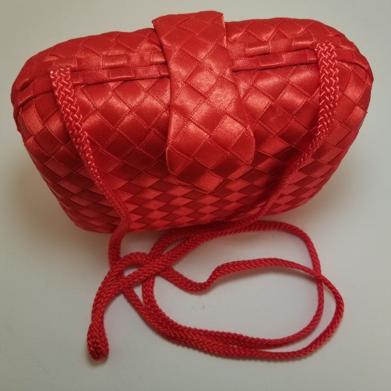 Red Vintage Evening Bag Jacquard Red Satin Weave Minaudiere Diagnol Weave La Regale NEW Magnetic Snap Beautiful Clean Zip pocket image 1