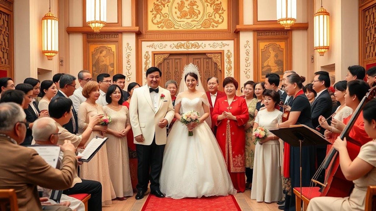 "A Chinese Christian Wedding. Luxurious settings. Beautiful picture, bride, groom, and parents and family on both sides, both young and old. Photorealistic. Choir with an orchestra of instruments. Panoramic Picture."