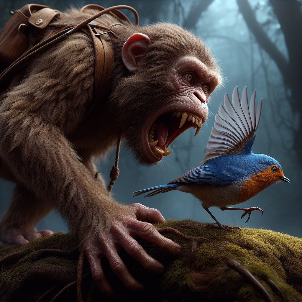 A realistic monkey hunting a blue robin