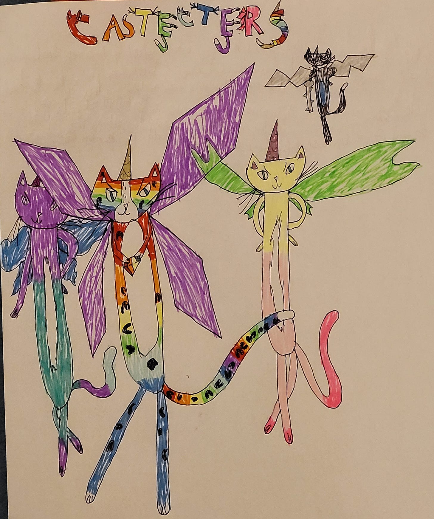 a child's drawing of winged cats with horns