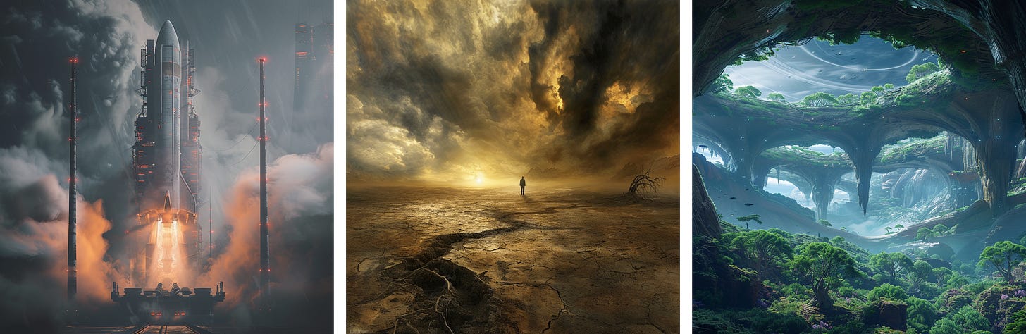Rocket launch, man alone in desolation, alien jungle