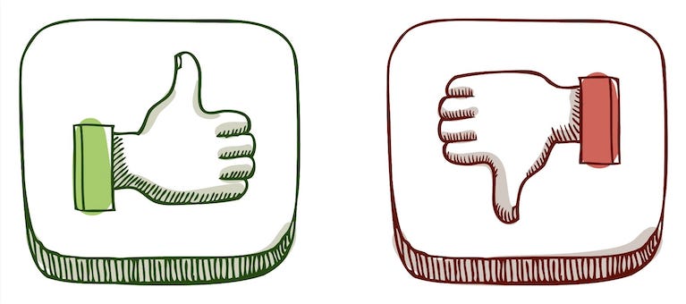 A green thumbs up icon and a red thumbs down icon