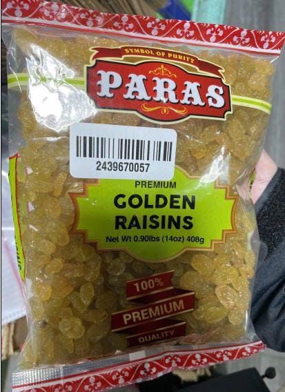 Paras Brand Premium Golden Raisins,   UPC codes 818051014811 and 8180510, Front label