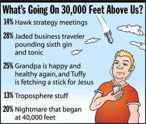[Image shows a satirical poll titled "What's Going On 30,000 Feet Above Us?" with cartoon illustration of a person in an airplane seat] 14% Hawk strategy meetings; 28% Jaded business traveler pounding sixth gin and tonic; 25% Grandpa is happy and healthy again, and Tuffy is fetching a stick for Jesus; 13% Troposphere stuff; 20% Nightmare that began at 40,000 feet.