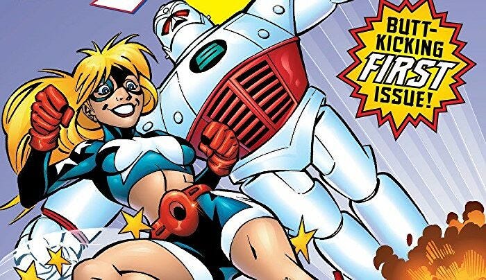 Illustration of Stargirl smiling with a robot behind her