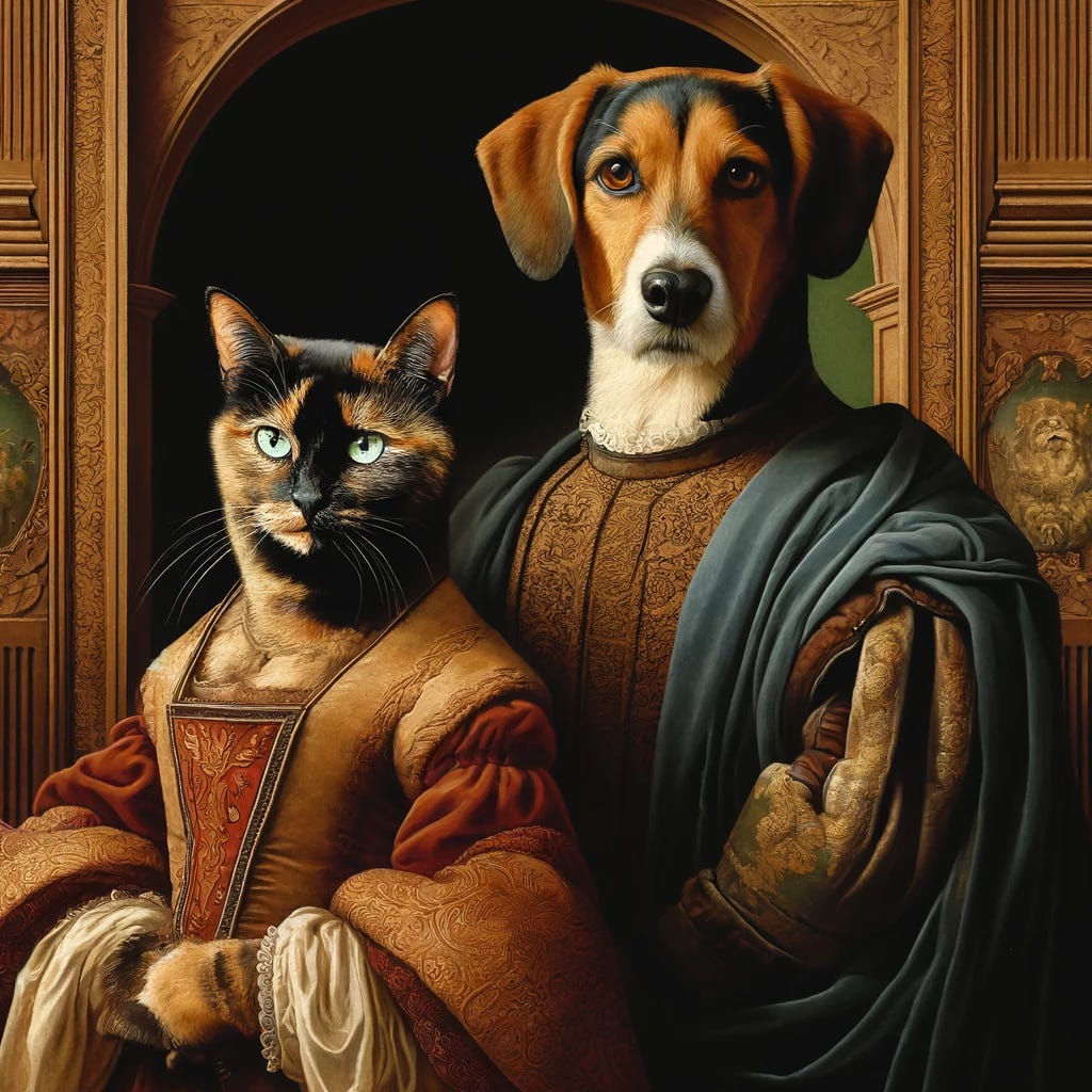 A Renaissance-style painting depicting a tortoiseshell cat and a mixed breed Hound/Rat Terrier dog standing together, dressed in elaborate Renaissance garments, guarding a door. The animals are portrayed with human-like postures and expressions, emphasizing their roles as guardians. The scene includes rich textures and intricate details typical of the Renaissance period, such as embroidered clothing and a lavishly decorated wooden door in the background, enhanced by soft, dramatic lighting to highlight the depth and elegance of the composition.