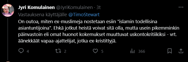 Jonka jälkeen Suomen kirkon dosentti Komulainen toistaa täysin Isis-mielisten narratiivin entisistä muslimeista.