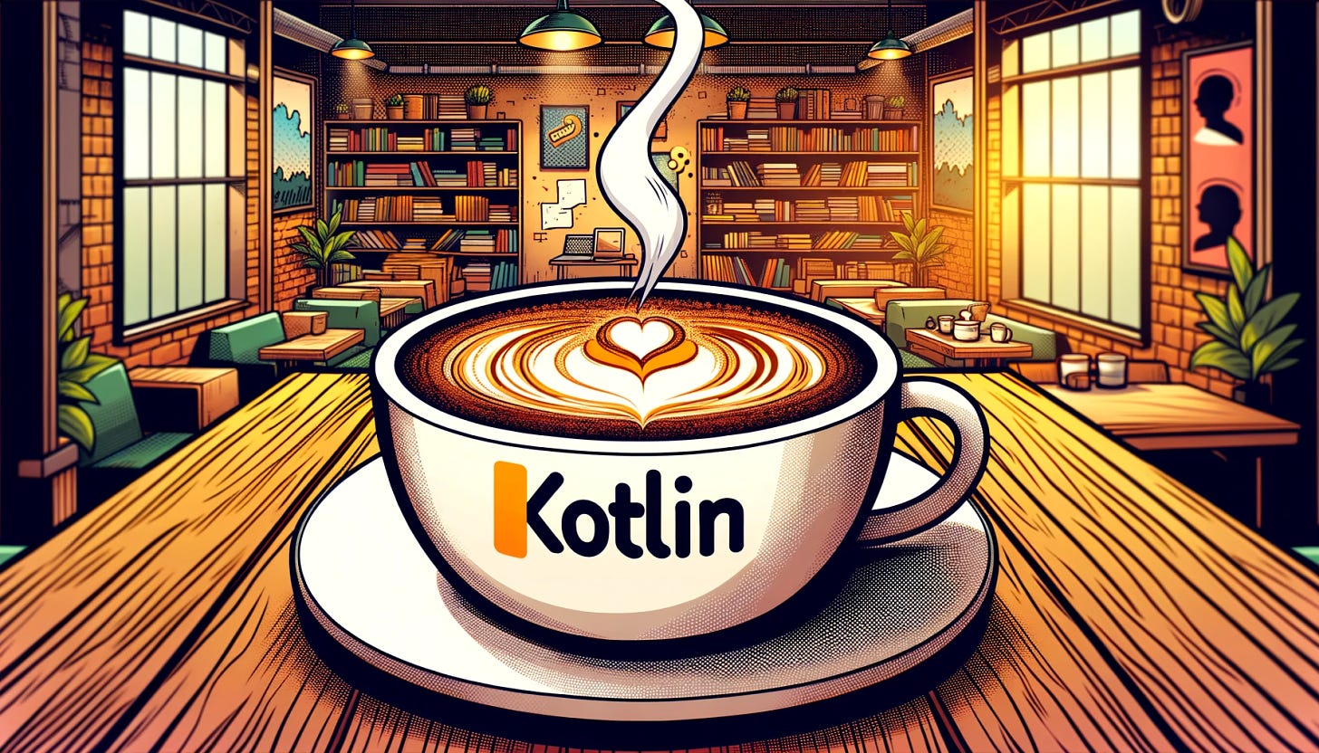 A comic-style image with an ultra-wide aspect ratio of 21:9. The scene focuses on a large, steaming cup of coffee placed centrally on a wooden table. The coffee's foam art intricately displays the Kotlin programming language logo, which is a stylized letter 'K' in orange and white. The background features a cozy coffee shop setting with soft lighting, bookshelves filled with programming books, and a few plants. The overall color scheme is warm and inviting, with a hint of whimsy in the comic style.