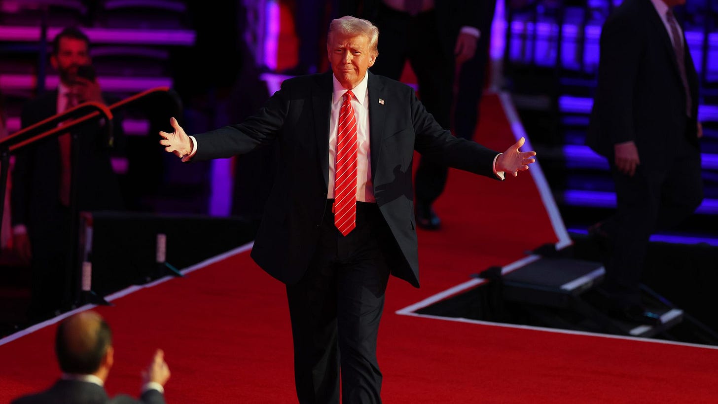 President-Elect Donald Trump walks to the stage at his victory rally at the Capital One Arena on January 19, 2025 in Washington, DC. Trump will be sworn in as the 47th U.S. president on January 20. 