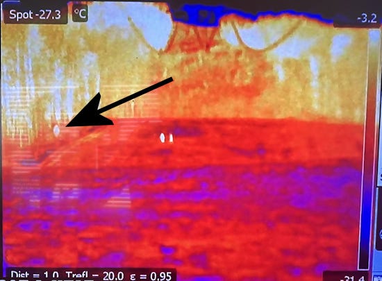 Screen cap of a thermal image capturing three human-shaped heat signatures