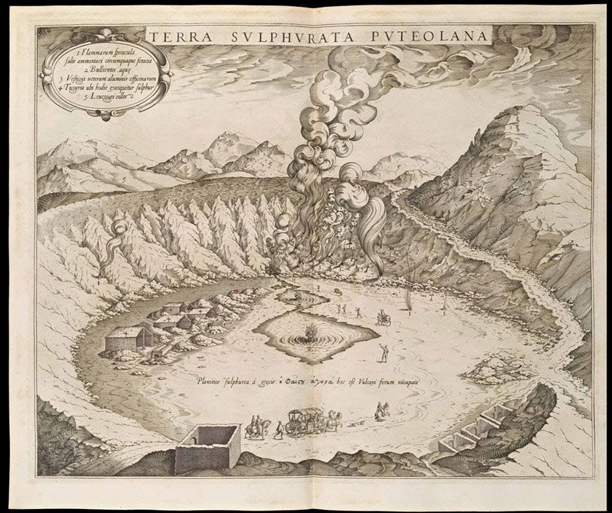 <em>Strip-Mining Sulfur at Pozzuoli</em> by Anton Eisenhoit, an engraving in the 1717 book <em>Metallotheca Vaticana </em>.